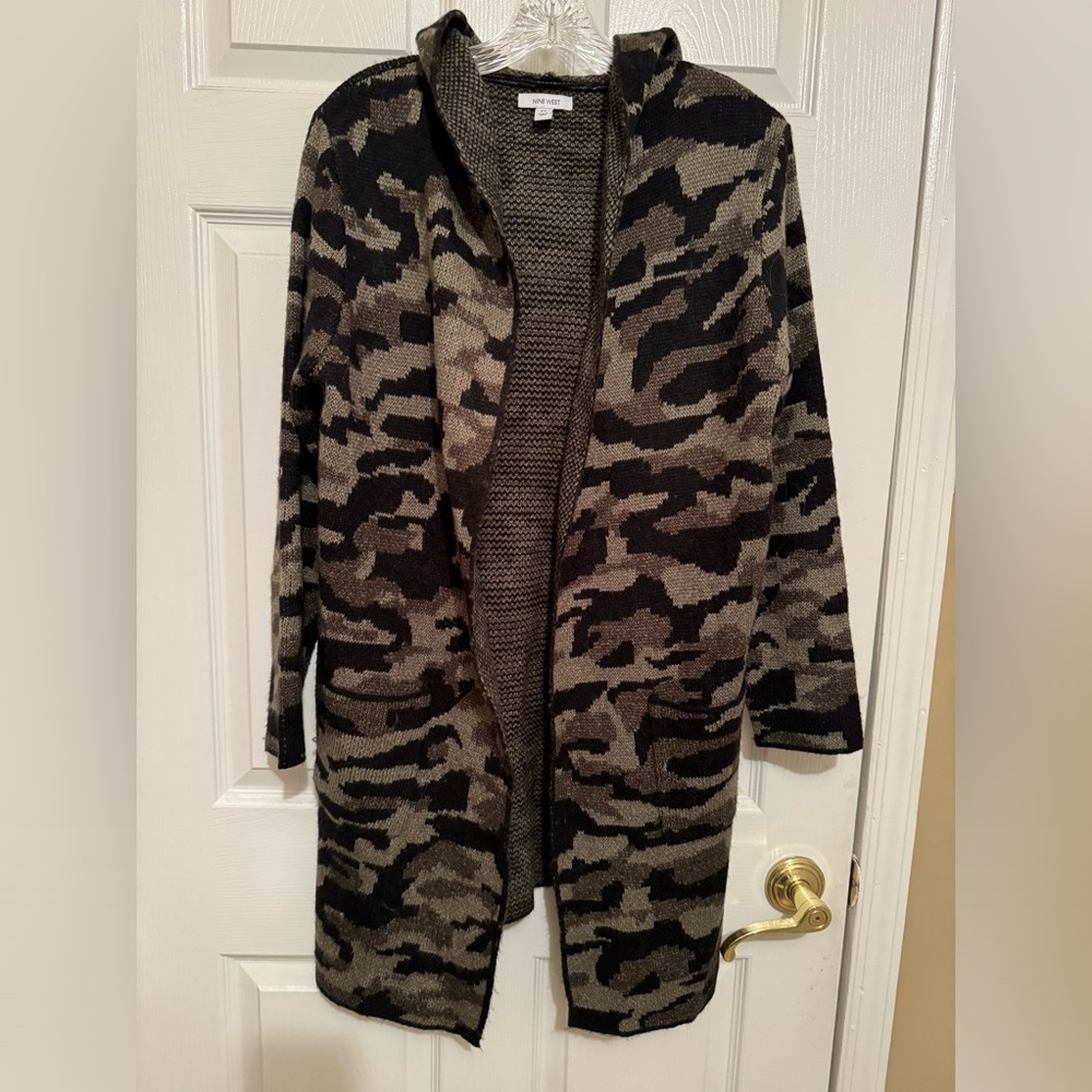 Nine West, green/black/gray hooded, long sweater cardigan, size medium